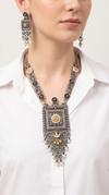 Diya Square Silver Long Necklace Set, front view, Label DC