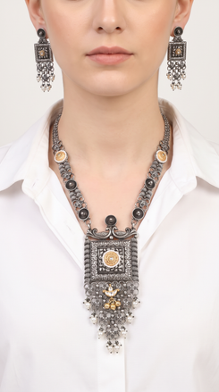 Diya Square Silver Long Necklace Set, alternate view, Label DC