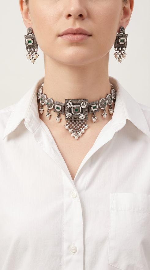 Emerald Square Silver Choker Necklace Set, front view, Label DC