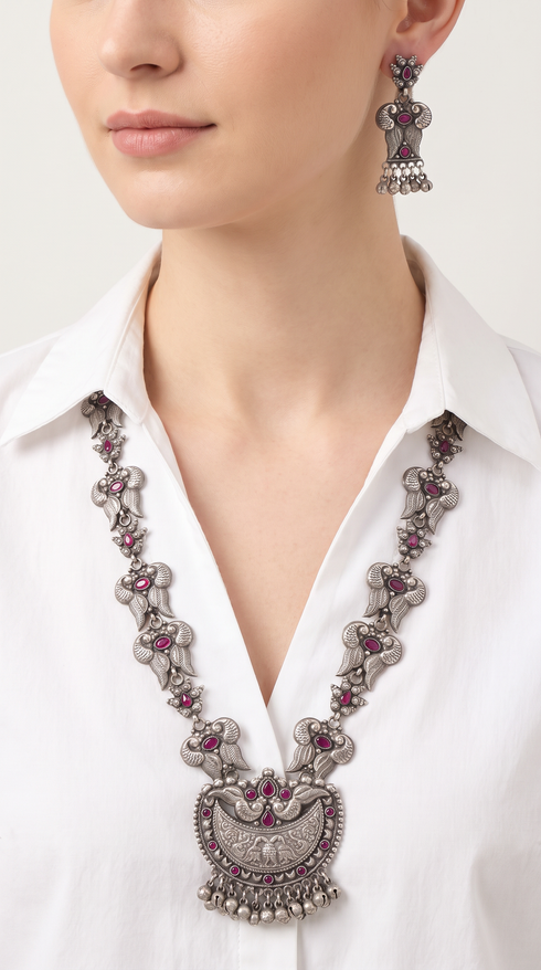 Ruby Elephant Silver Long Necklace Set, front view, Label DC