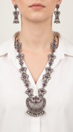 Ruby Elephant Silver Long Necklace Set, alternate view, Label DC