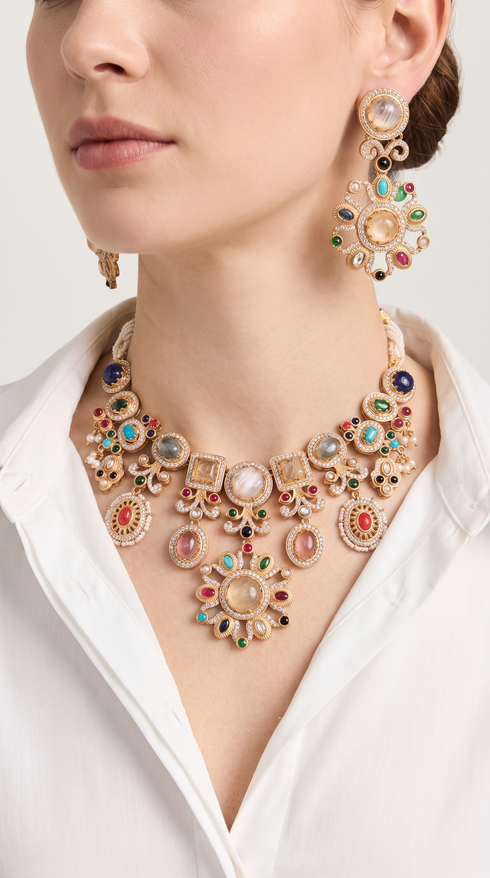 Cabochon Kundan Gold Necklace Set, front view, Label DC