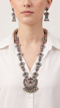 Peacock Wing Silver Long Necklace Set, alternate view, Label DC