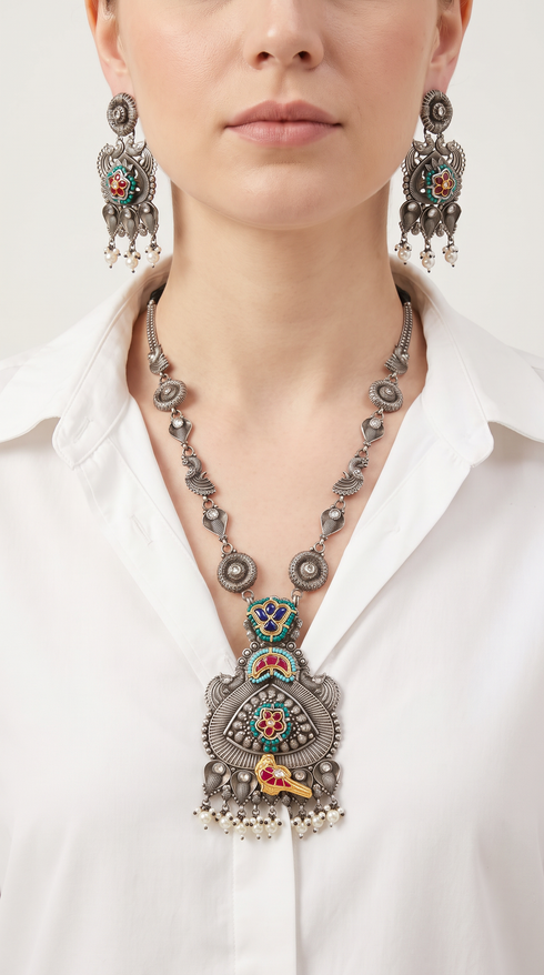 Yellow Bird Meenakari Silver Necklace Set, front view, Label DC