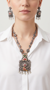 Red Parrot Meenakari Silver Necklace Set, front view, Label DC