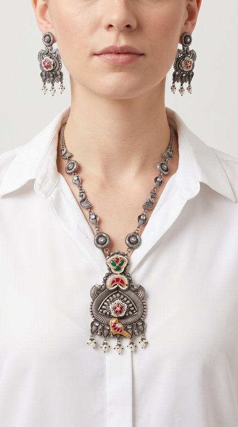 Red Parrot Meenakari Silver Necklace Set, front view, Label DC