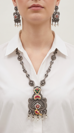 Red Parrot Meenakari Silver Necklace Set, alternate view, Label DC