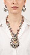 Navy Triple Crescent Silver Necklace Set, front view, Label DC