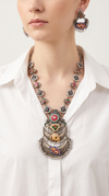 Ruby Triple Crescent Silver Necklace Set, front view, Label DC
