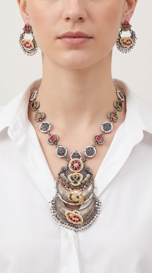 Peacock Triple Crescent Silver Necklace Set, front view, Label DC