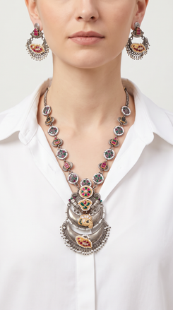 Peacock Triple Crescent Silver Necklace Set, alternate view, Label DC