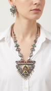 Maroon Triangle Silver Necklace Set, front view, Label DC