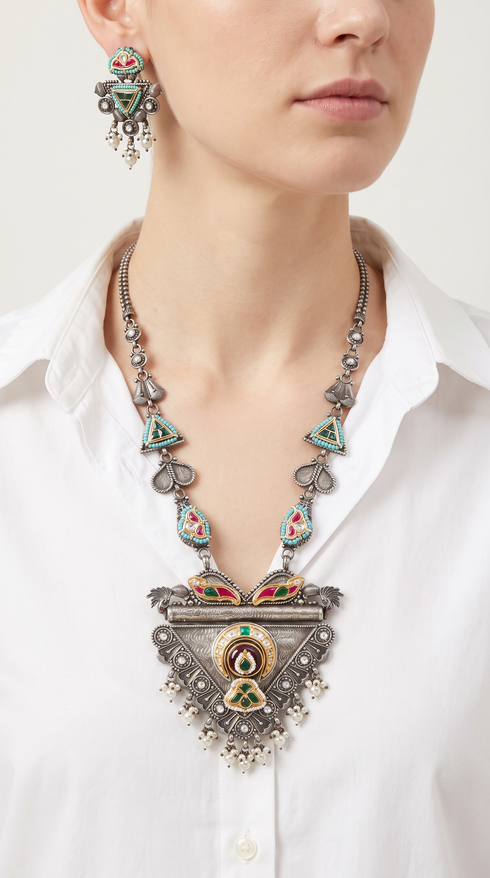 Maroon Triangle Silver Necklace Set, front view, Label DC