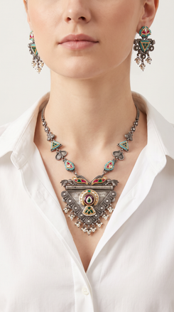 Maroon Triangle Silver Necklace Set, alternate view, Label DC