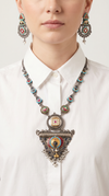 Medallion Triangle Silver Necklace Set, front view, Label DC
