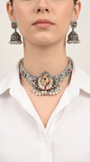 Peacock Ruby Silver Choker Necklace Set, front view, Label DC