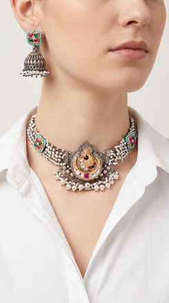 Peacock Ruby Silver Choker Necklace Set, alternate view, Label DC