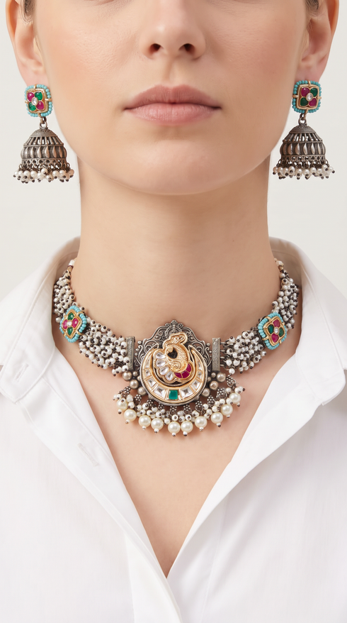 Peacock Emerald Silver Choker Necklace Set, front view, Label DC