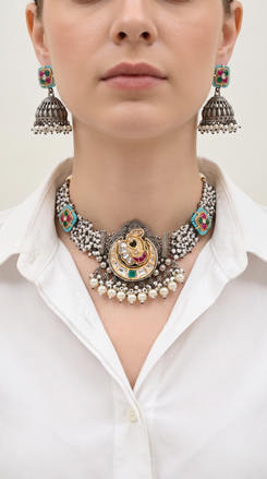 Peacock Emerald Silver Choker Necklace Set, alternate view, Label DC