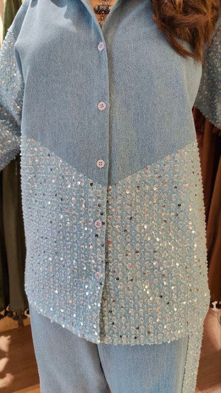 Shimmer Sequin Denim Shirt with Pant - view 6
