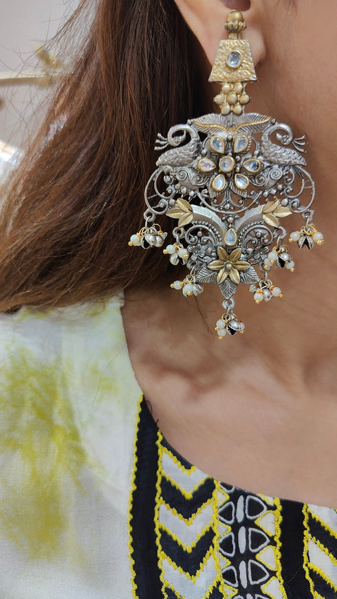 Silver And Gold Dual Tone Flower Earring - view 3