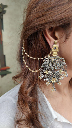 Silver And Gold Dual Tone Flower Earring - view 4