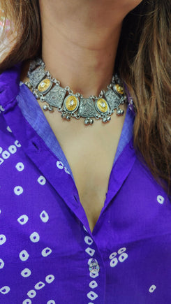 Silver & Gold Coin Choker with Ghungroo Drops - view 4