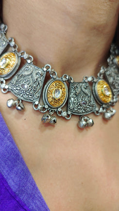 Silver & Gold Coin Choker with Ghungroo Drops - view 5