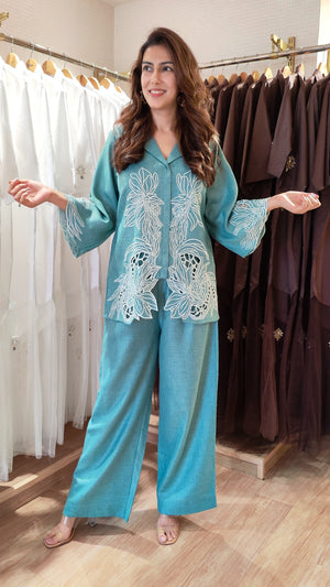 Teal Blue Cutwork Coord Set