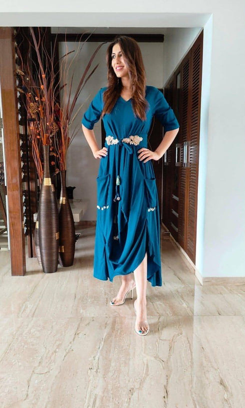 Teal Blue Dress With Belt