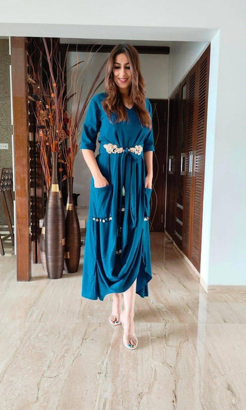 Teal Blue Dress With Belt