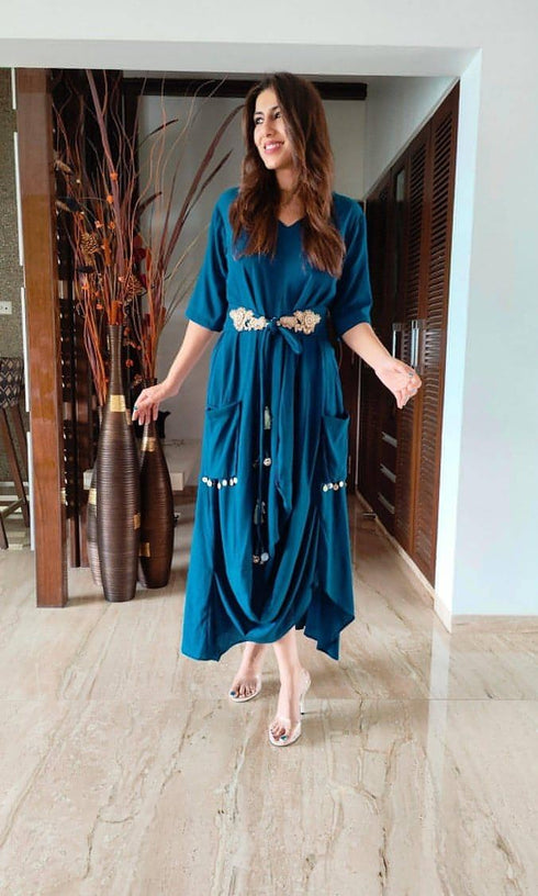 Teal Blue Dress With Belt