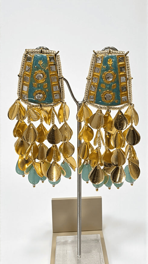 Turquoise Golden Leaf Dangler Earrings - view 2