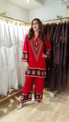 Vibrant Red V-Neck Border Coord set - view 2