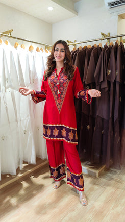 Vibrant Red V-Neck Border Coord set - view 3
