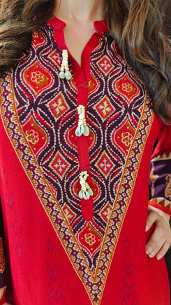 Vibrant Red V-Neck Border Coord set - view 4