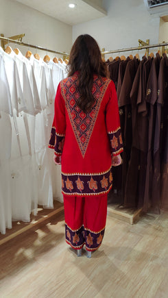 Vibrant Red V-Neck Border Coord set - view 6