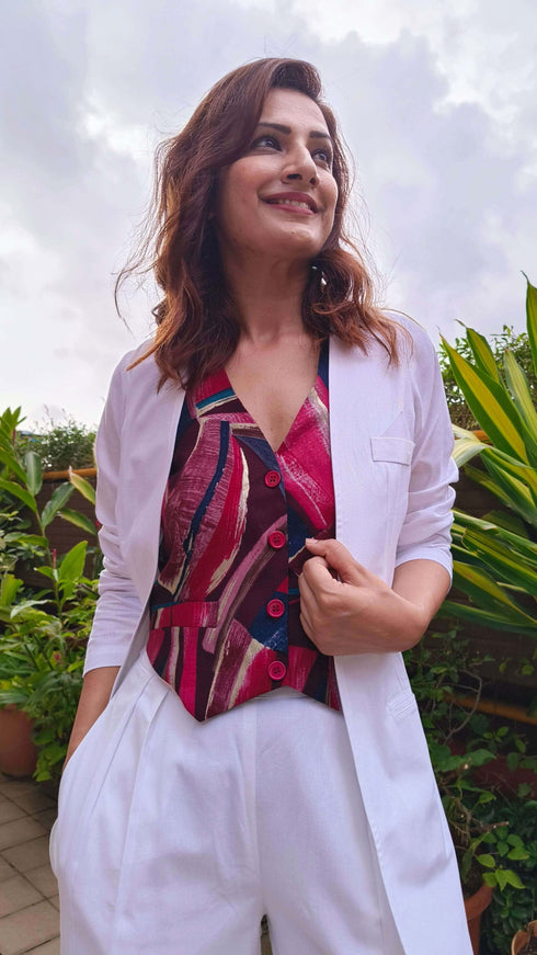 White Abstract Waist Coat Set