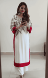 White And Red Long Embroidered Kurta With Pants - view 3