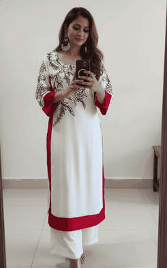 White And Red Long Embroidered Kurta With Pants - view 3