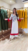 White And Red Long Embroidered Kurta With Pants - view 5