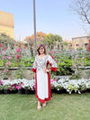 White And Red Long Embroidered Kurta With Pants - view 8