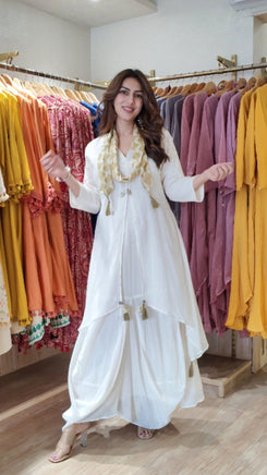 White Drape Dress With Printed Scarf - view 10