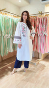 White Kurta Set with Card Embroidery and Blue Pants - view 3