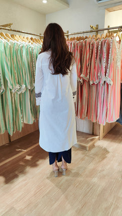 White Kurta Set with Card Embroidery and Blue Pants - view 4