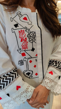 White Kurta Set with Card Embroidery and Blue Pants - view 5