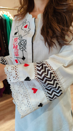 White Kurta Set with Card Embroidery and Blue Pants - view 7