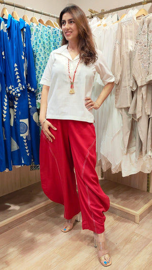 White Red Drape Pants with Neckpiece Coord Set