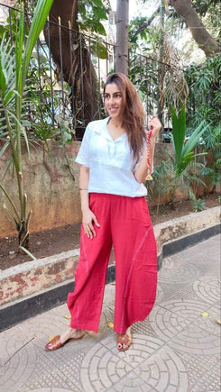 White Red Drape Pants with Neckpiece Coord Set - view 2