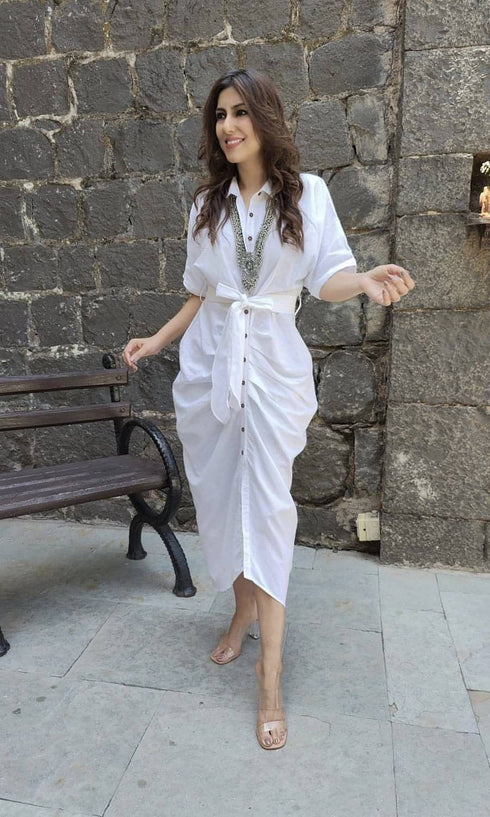 White Shirt Gown With Belt